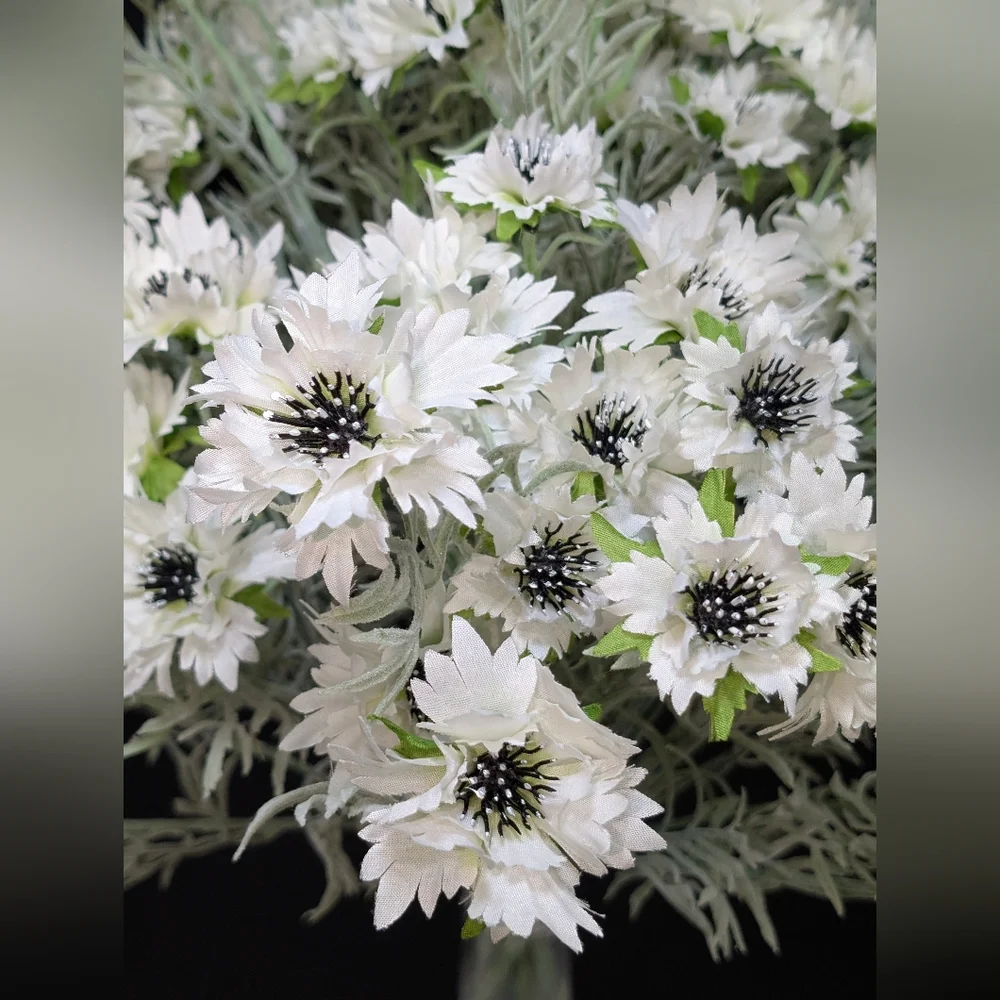 White Black Cornflower Bush Spray Faux Floral Design Artificial Flowers